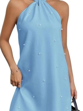 HYZ  Pearl Beaded Halter Twist Sleeveless Tie Back A Line Dress